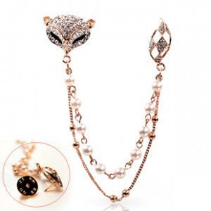 K1 Crystal Fox Pearl chain brooch