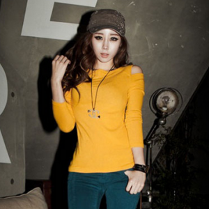 T919 Round-neck cut out shoulder long-sleeved T-shirt