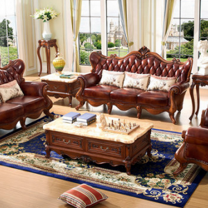 预售-欧式橡木雕花真皮沙发组合123