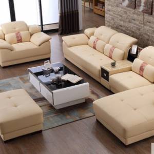 Preorder-Leather three-seat sofa+armchair+chaise longue+foot stool+side table