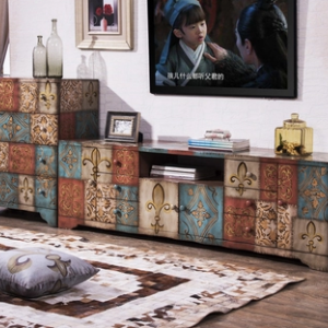 预售-美式复古实木彩绘电视柜