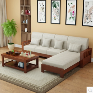 预售-中式简约现代实木布艺沙发组合3+贵+茶几