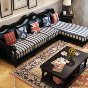 预售-美式实木转角皮布沙发组合3+贵