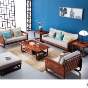 预售-中式实木红木布艺沙发组合1+2+3