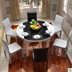 预售-简约现代可伸缩钢化玻璃餐桌套一桌六椅