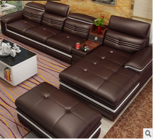 Preorder-Leather three-seat sofa+chaise longue+foot stool+sideboard
