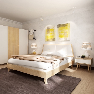 预售-北欧白蜡木双人床现代简约板木1.8米1.5米布艺软靠床小户型实木床