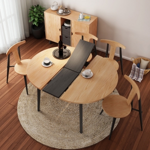 预售-实木餐桌椅组合现代简约小户型北欧可伸缩折叠圆形餐桌