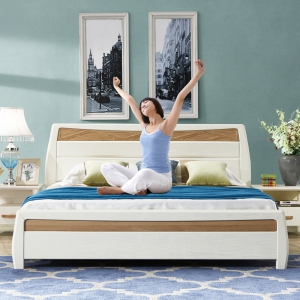 预售-北欧实木床1.8米双人床现代简约橡木床白色主卧1.5高箱储物床婚床
