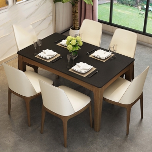 预售-火烧石餐桌椅组合北欧餐台长方形实木现代简约胡桃木色大理石桌子