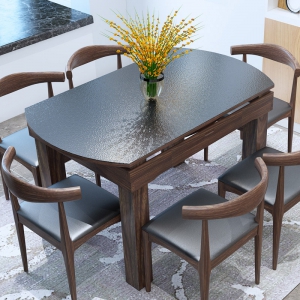 预售-实木餐桌椅组合现代简约伸缩折叠餐桌北欧小户型火烧石餐桌