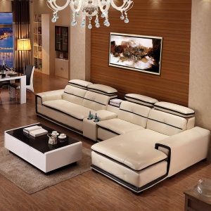 Preorder-leather three-seat sofa+chaise longue+side table