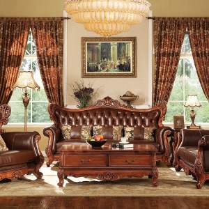预售-实木真皮沙发美式沙发组合 欧式头层牛皮沙发组合
