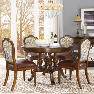 预售-美式餐桌实木圆形餐桌可伸缩餐桌靠背椅子餐桌椅组合