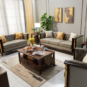 预售-美式实木沙发组合后现代新古典全实木真皮沙发小户型客厅