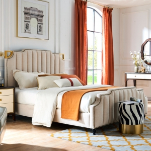 预售-美式布艺床主卧后现代轻奢实木床双人床1.8 米小户型软包