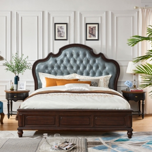 预售-美式实木真皮床 轻奢双人床婚床1.8米主卧大床家具