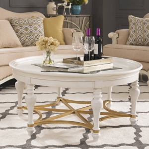预售-美式实木茶几白色客厅茶桌小户型圆型桌美式家具