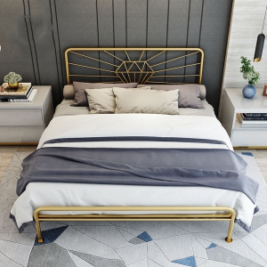 预售-北欧金色双人床ins简约铁艺床1.5米1.8米软包靠背金属复古单人床