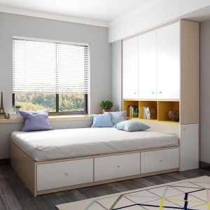 预售-现代简约板式床1.2米1.5米双人床榻榻米床高箱储物床带整体衣柜