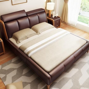 预售-皮床北欧真皮床双人1.8米实木床现代简约小户型主卧榻榻米储物床