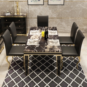预售-北欧钛金大理石长方形餐桌椅组合 新古典轻奢不锈钢金属餐桌