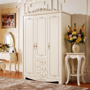 预售-欧式衣柜 环保卧室成套家具组装实木白色柜三门3门衣橱