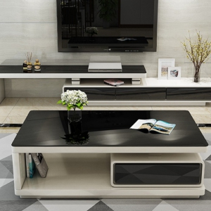 预售-现代简约时尚黑白小户型客厅烤漆茶几电视柜可伸缩免安装组合