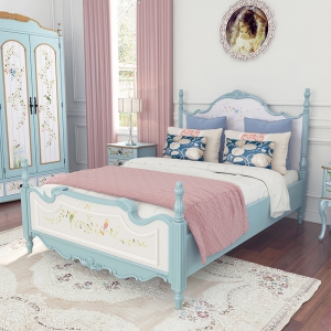 预售-美式乡村彩绘做旧公主床手绘1.5米单人床欧式高柱婚床1.8米双人床