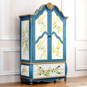 预售-美式乡村雕花彩绘两门衣柜欧式做旧卧室边柜储物收纳地中海蓝高柜