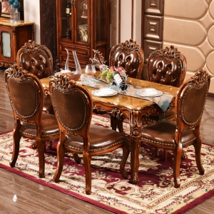 【A.SG】欧式大理石餐桌椅组合 长方形方桌全实木雕花美式1.8米花梨色简约