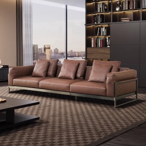 预售-复古工业风羽绒真皮沙发客厅极简直排意式轻奢皮沙发碳素不锈钢架3.2米