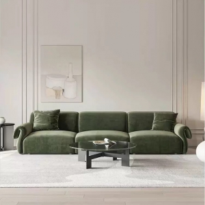 预售-轻奢法式客厅小户型复古墨绿色丝绒八爪鱼沙发设计师直排侘寂风三人位