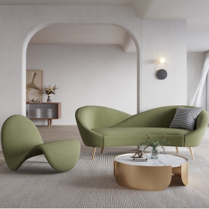预售-北欧布艺沙发客厅小户型羊羔绒创意弧形轻奢科技布设计师双人沙发