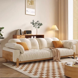 预售-法式奶油风新款沙发原木风直排四人位小户型客厅实木猫抓布沙发